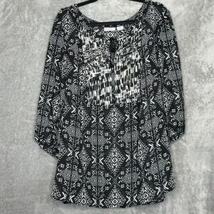 Liz Claiborne 2X Shirt Top Black Geometric 3/4 Sleeve Scoop Neck Keyhole Womens